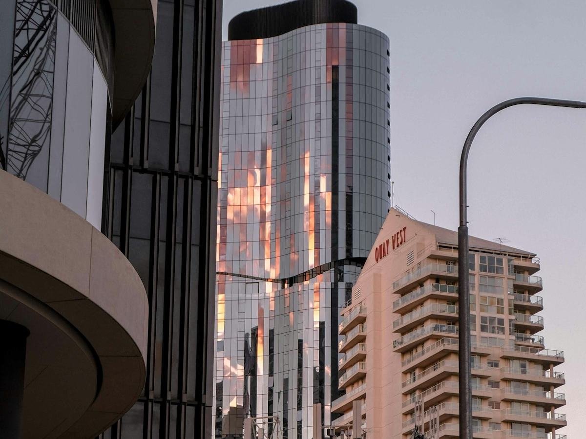 Skyscrapers reflecting sunset light