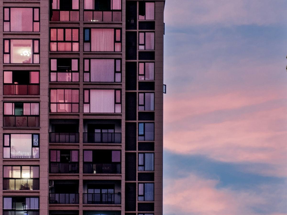 Facade reflecting a sunset