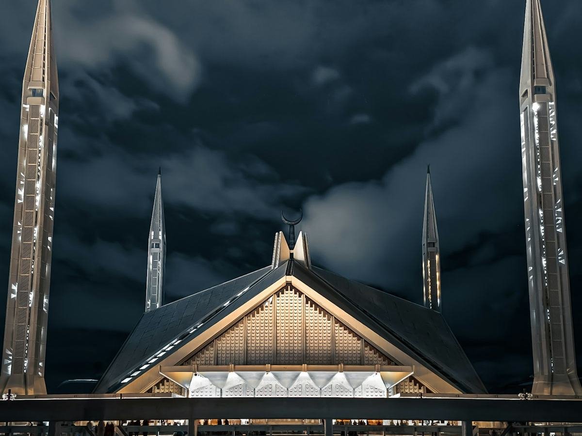 Faisal Mosque illuminated at night